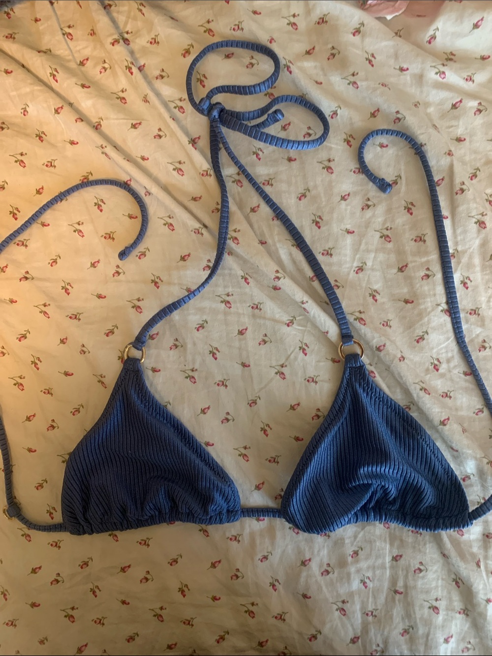 Aerie Ribbed String Halter Tie Triangle Bikini Top Blue